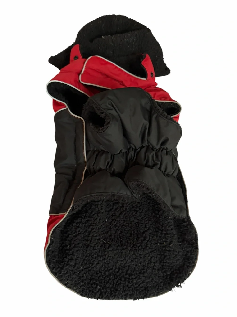 Red waterproof fleece lined dog coat Velcro closure at neck removable hood